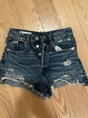 Zara Distressed Dark Blue High-Rise Denim Shorts